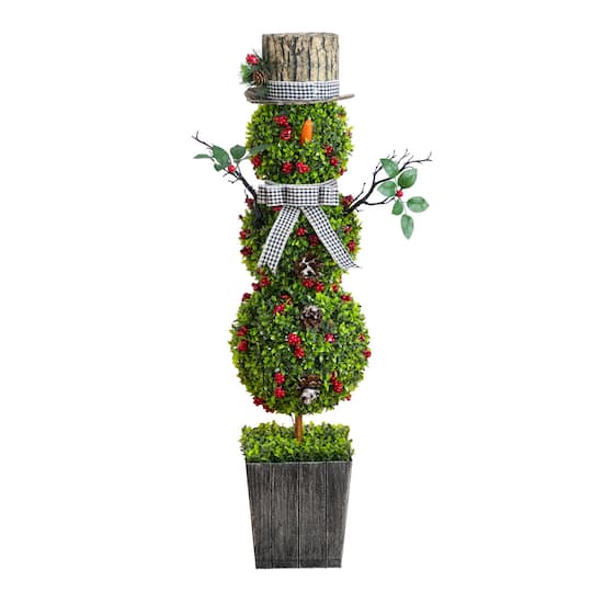 Nearly Natural 3.5ft. Pre-Lit Artificial Christmas Boxwood Snowman Topiary Tree in Decorative Planter